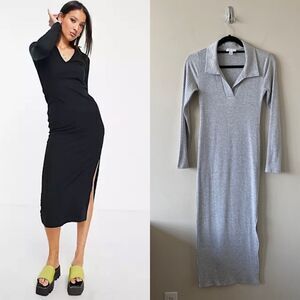 Topshop-Collar Ribbed Jersey Midi Side Slit Grey Dress (Size:4)